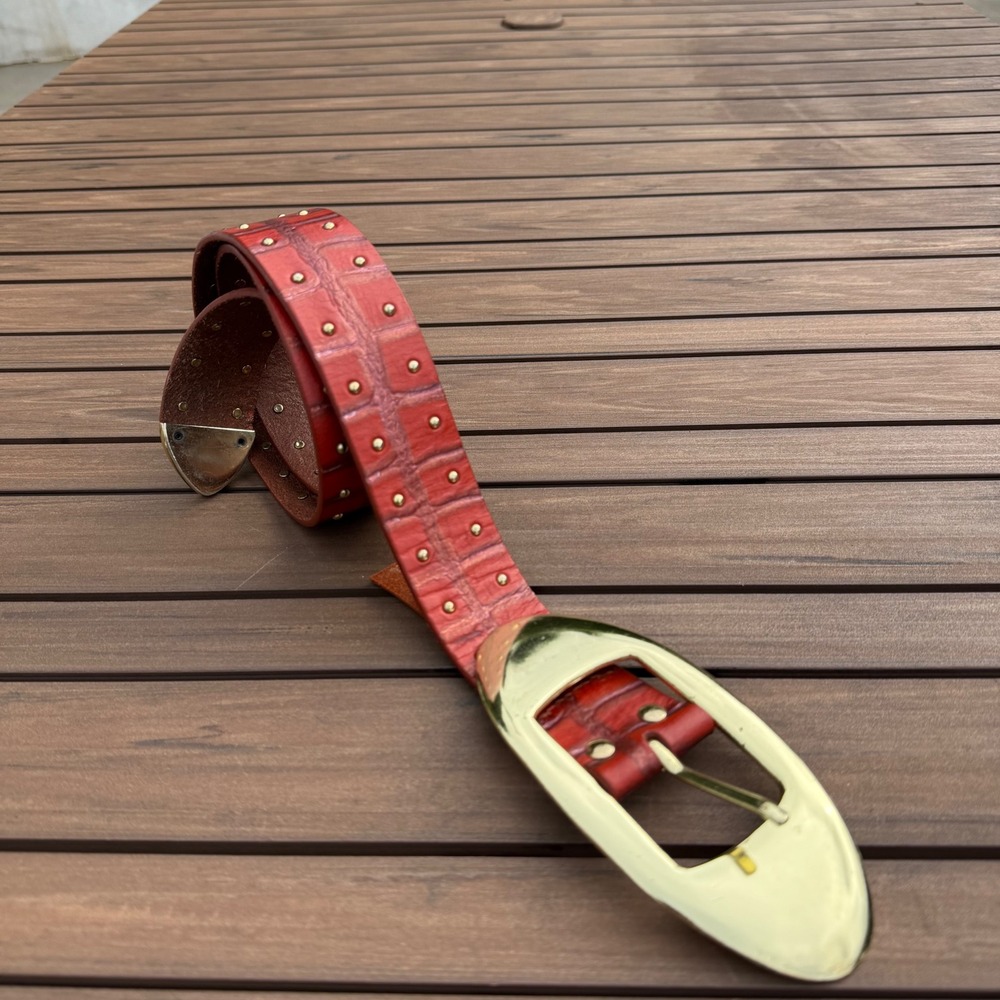 Free People Tortuga Belt Red Croc Embossed Studded Gold Buckle Leather Belt S M